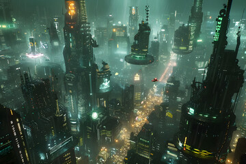Obraz premium Futuristic Cityscape With Skyscrapers and Neon Lights at Night