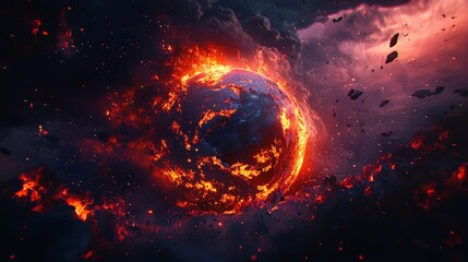 Fiery Planet Engulfed In Flames And Surrounded By Cosmic Debris, Depicting Apocalyptic Destruction In A Dark, Dramatic Space Setting. Perfect For Sci-Fi And Celestial Phenomena Themes.