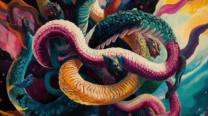 Fototapeta premium Surreal Colorful Snakes: A Fantasy Painting