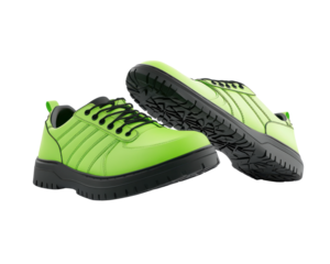 Green athletic shoes with black soles, isolated on a white background.