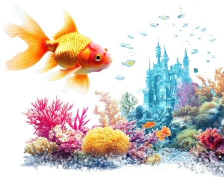 Goldfish swimming through colorful coral reef with underwater castle backdrop.