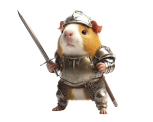 Guinea pig dressed as a knight holding a sword, white isolated background