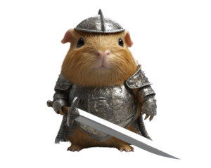 Guinea pig in armor holding a sword, white isolate background