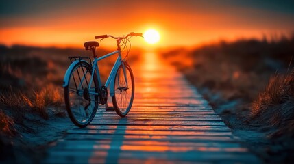 Fototapeta premium A light blue bicycle stands on a wooden boardwalk path at sunset. Golden sun rays illuminate the scene.