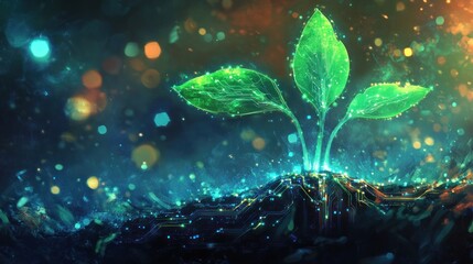 Fototapeta premium A conceptual illustration depicting the growth of a futuristic plant intertwined with technology, symbolizing the fusion of nature and innovation