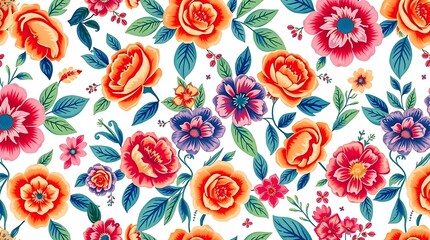 Naklejka premium Vibrant Floral Fiesta: A lively and colorful seamless pattern featuring a profusion of roses and other blooms in bold hues. Perfect for textile design, fashion, and home decor.