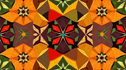 Intricate Kaleidoscope Pattern: A mesmerizing, abstract design composed of vibrant colors and geometric shapes. The pattern is a kaleidoscope of orange, yellow, green, red, and brown hues.