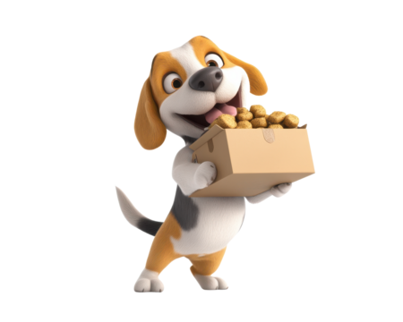 Happy cartoon dog holding a box of treats, white isolate background. - Powered by Adobe