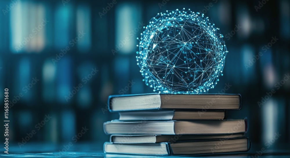 Poster books stacked with a glowing digital globe symbolizing knowledge and connectivity in a library setti