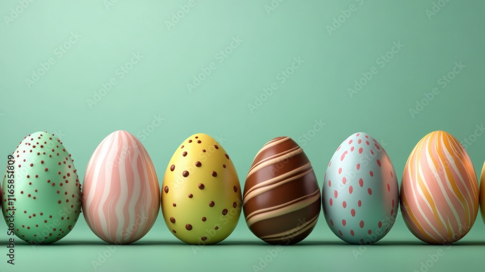 Poster explore a delightful spring showcase with a collection of chocolate eggs with colorful packaging, de