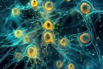 Obraz premium Fertilization depicted in microscopic detail, cellular membranes glowing, intricate structures forming life
