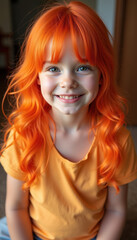 Fototapeta premium A joyful little girl with stunning orange hair, exuding playful spirit and vibrant charm, capturing the delightful magic of childhood adventures.