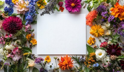 Colorful assortment of flowers surrounding blank space for creative design or announcement