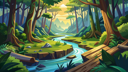A peaceful river winding through an ancient rainforest, with moss-covered logs stretching across the water and sunlight dappling the forest floor