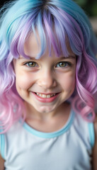 Fototapeta premium A charming little girl with enchanting light blue, pink, and lilac hair, capturing her playful spirit and vibrant imagination beautifully.