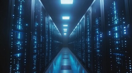 A futuristic data server center with rows of sleek, illuminated server racks stretching into the distance