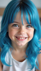 Fototapeta premium A vibrant little girl with light blue hair, capturing the essence of joy and creativity, playfully illustrating the fun and innocence of childhood.