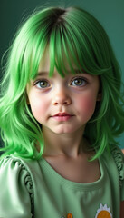 Fototapeta premium A joyful little girl with beautiful green hair, radiating playful charm and capturing the essence of childhood wonder and creativity.