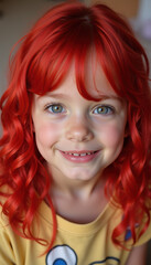 Fototapeta premium A playful little girl with vibrant red hair, exuding cheerful spirit and creativity, perfectly capturing the whimsical charm of childhood.
