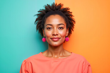 Elegant Black woman smiling in coral blouse against vibrant background, joy. Bright and modern style portrait