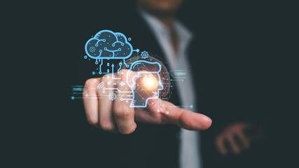 Chat bot concept, Chat with artificial intelligence technology. Businessman uses AI smart robot brain innovation by giving prompt