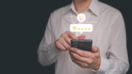 Customer service satisfaction survey result. Customer using smart phone gave full 5-star satisfaction rating for service and product quality