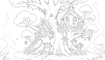 Naklejka premium Enchanted Treetop Houses: A Whimsical Coloring Page