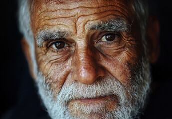 A seasoned Middle Eastern man gazes intently, showcasing his weathered skin and white beard. His expressive eyes reflect a lifetime of stories and experiences.