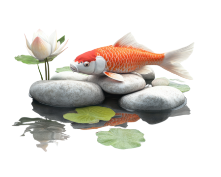 Koi fish resting on smooth stones near a blooming lotus flower with lily pads.