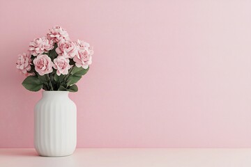 Naklejka premium Valentine's Day Pink Roses in White Vase Minimalist Home Decor Pink Wall Background