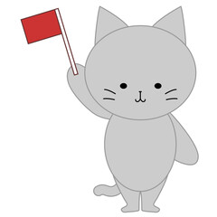赤い旗を上げるかわいい灰色猫のイラスト