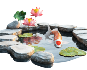 Koi fish swimming in a serene pond surrounded by lotus flowers and stones.