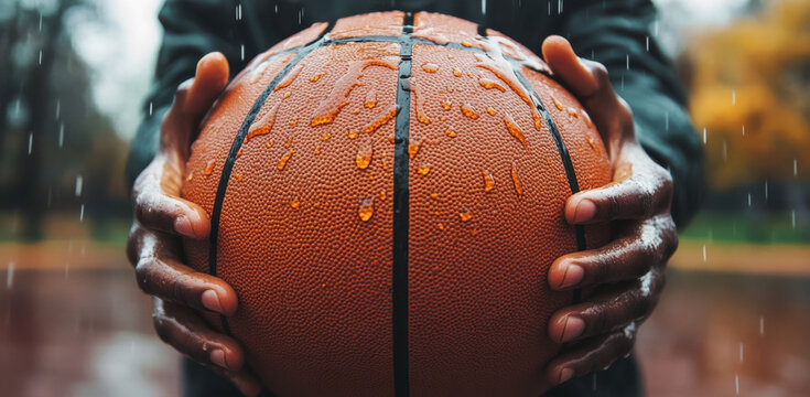 Hands firmly grasp a wet basketball while rain pours in a park. A sense of commitment to the sport is conveyed, despite unfavorable weather conditions, emphasizing dedication and resilience.