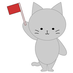 赤い旗を上げるかわいい灰色猫のイラスト