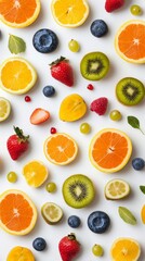A Colorful Celebration of Fresh Fruits: A Vibrant Display of Nature's Bounty. An Array of Slices and Berries, Beautifully Arranged for a Healthy and Delicious Visual Feast.