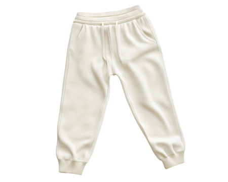 Light cream jogger pants on a white isolated background.