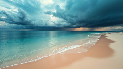 Obraz premium Beach with golden sand and turquoise water. Iridescent colors, stormy skies