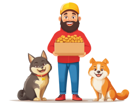Man holding a box of dog treats with two happy dogs beside him.