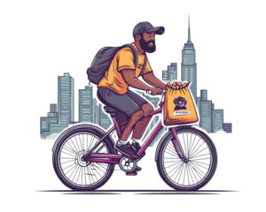 Man riding bicycle in city, delivering goods with stylish backpack, urban backdrop.