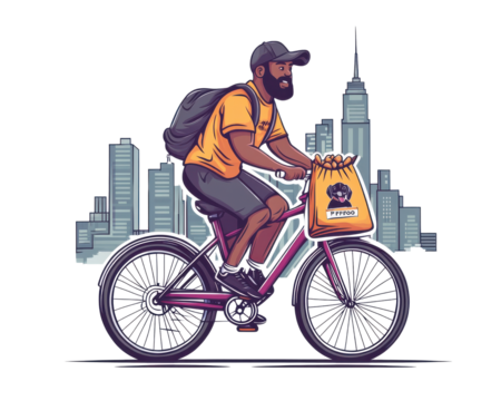 Man riding bicycle in city, delivering goods with stylish backpack, urban backdrop.