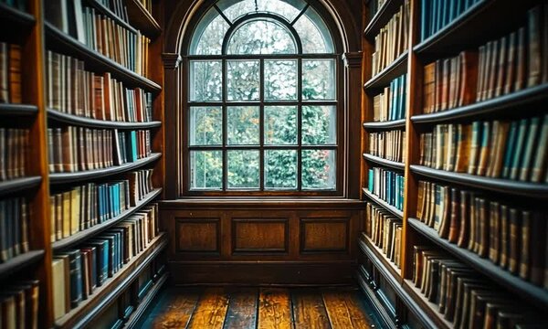 A cozy library with wooden shelves filled with books and a large window overlooking greenery.