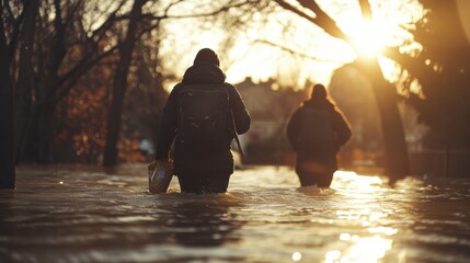 Individuals Navigating Deep Floodwater at Sunset