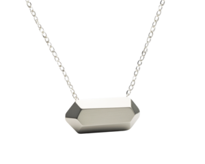 Modern silver pendant necklace on a white isolated background.