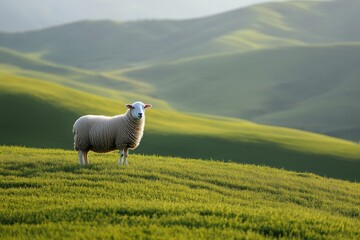 Fototapeta premium Sheep grazes on lush green meadow surrounded by rolling hills at sunset