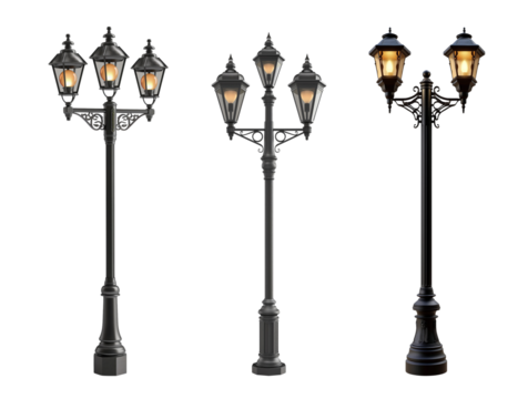 Realistic black street lamp set with two lamps with lightning isolated on white or transparent background, light park cutout PNG