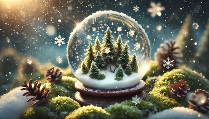 A whimsical view of a small pine forest encapsulated within a sparkling snow globe