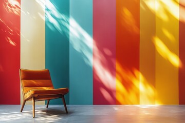 Bright yellow couch with colorful striped wall in modern living room decor