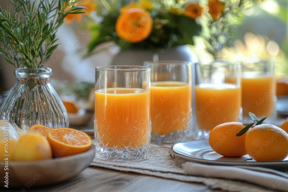 Poster freshly squeezed orange juice served with slices on a beautifully arranged table in a sunny setting