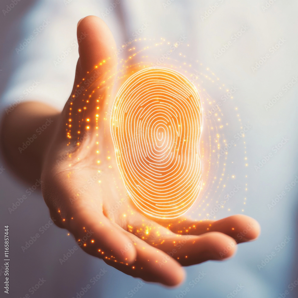 Poster creative representation of a fingerprint with glowing particles in a hand during a digital technolog