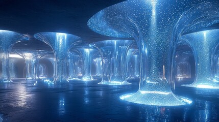A futuristic space with glowing, translucent pillars reflecting light.